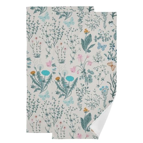 2 Pack Teal Blue Wildflower Leaves Hand Towels for Bathroom,Absorbent Fingertip Butterfly Dandelion Fern Botanical Guest Decorative Bath Towels,Soft Dish Towels for Kitchen Decor 14"x28" - color: Teal Blue