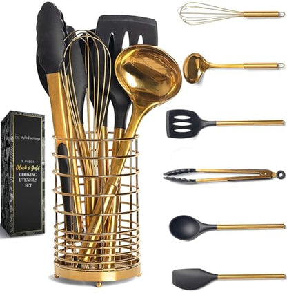 Styled Settings Black and Gold Kitchen Utensils Set with Holder, 7-Piece | Nonstick BPA-Free Silicone Cooking Utensils Set with Gold Utensil Holder, Luxury Kitchen Accessories - color: 7 Piece Black & Gold