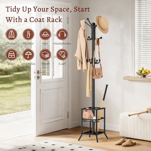 FAVOOSTY Coat Rack Freestanding,Coat Rack Stand with Umbrella Holder,Metal Coat Tree with 12 Hooks,Tree Clothes Hat for Entryway, Hallway, Bedroom, Living Room & Office -Black - color: Black