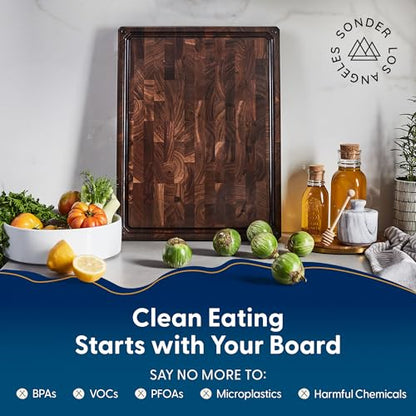 Sonder Los Angeles Alfred Cutting Board, End Grain Walnut, 17x13x1.5 in | Made in USA, Non-toxic, Non-Slip Feet, Juice Groove & Sorting Compartments, Built-in Handles, Gift Box Included, 7.5 lbs - color: Alfred | Black Walnut | End Grain
