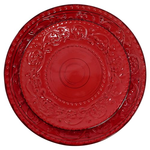 Elama Malibu Ocean Bloom 16-Piece Stoneware Embossed Pattern Reactive Glaze Red Dinnerware Set, Tableware, Serveware Set (Ocean Bloom Red) - color: Ocean Bloom Red