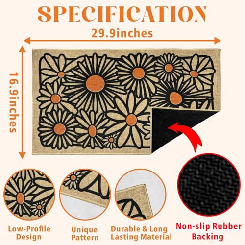 Welcome Mats Daisy Flower Front Door Mat for Outside Patio Entrance 17"x30" | Non-slip backing, durable, low profile, summer outside entryway rugs, housewarming gifts, for home farmhouse kitchen hallway - color: White Daisy Flower