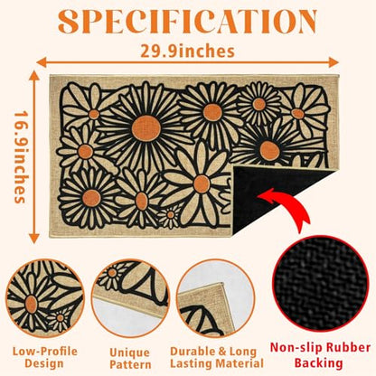 Welcome Mats Daisy Flower Front Door Mat for Outside Patio Entrance 17"x30" | Non-slip backing, durable, low profile, summer outside entryway rugs, housewarming gifts, for home farmhouse kitchen hallway - color: White Daisy Flower