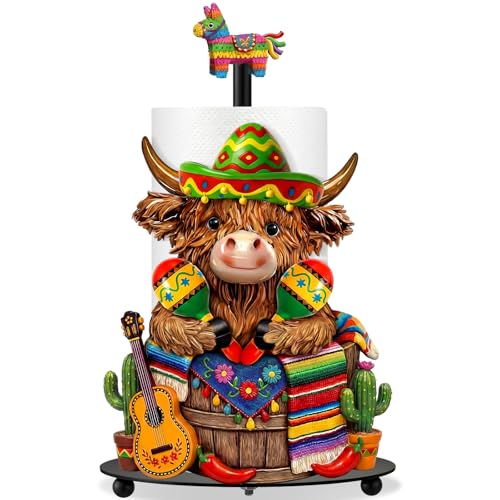 Cinco De Mayo Highland Cow Paper Towel Holder Mexican Taco Fiesta Kitchen Bathroom Decor Rustic Dispenser Kitchen Paper Holder Stand with Round Base for Countertop Toilet Home Accessories - style: Mexican