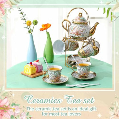 Zhehao 20 Pcs Porcelain Tea Set with Metal Holder and Spoon Adult Ceramic Tea Set European Flower Painting Teapot Cup Saucer Spoon for Women Mom Gift, Large Version (Traditional Style) - color: Traditional Style