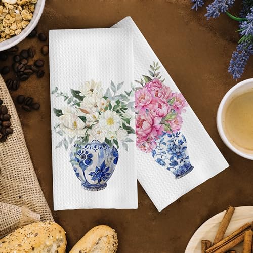 Chinoiserie Kitchen Towels Set - Floral Blue and White Chinoiserie Dish Towel, Floral Blue and White Hand Tea Towels for Bathroom Kitchen, 16x24 Inch Set of 2 - color: Chinoiserie-7