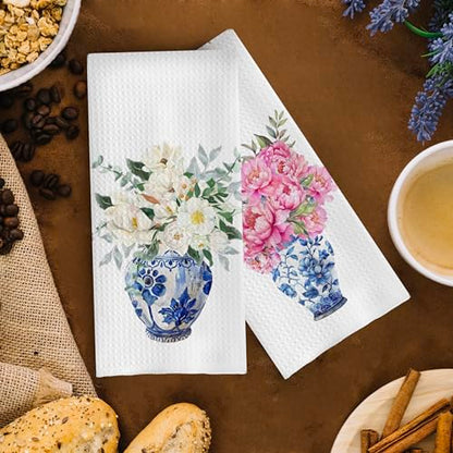 Chinoiserie Kitchen Towels Set - Floral Blue and White Chinoiserie Dish Towel, Floral Blue and White Hand Tea Towels for Bathroom Kitchen, 16x24 Inch Set of 2 - color: Chinoiserie-7