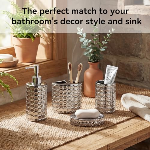 Silver Bathroom Accessories Set, 4 Piece Ceramic Honeycomb Design, Soap Dispenser Pump, Tumbler, Toothbrush Holder, Soap Dish - color: Silver