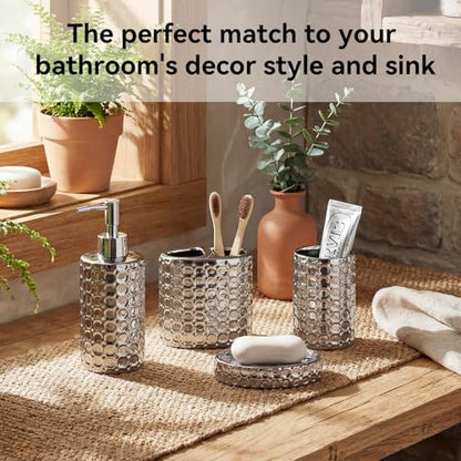 Silver Bathroom Accessories Set, 4 Piece Ceramic Honeycomb Design, Soap Dispenser Pump, Tumbler, Toothbrush Holder, Soap Dish - color: Silver