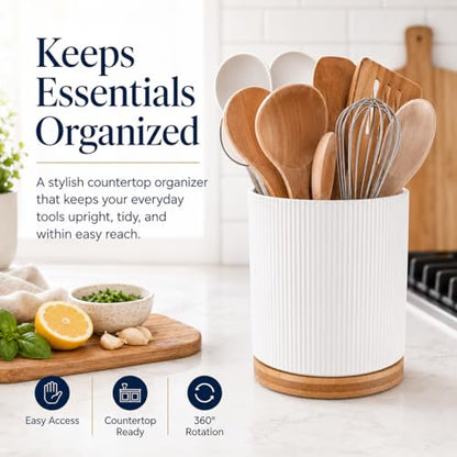 360 Rotating Cooking Utensil Holder,Kitchen Utensil Holder for Countertop | Utensil Crock for Kitchen Counter with Rotatable Wooden Base,Ideal Gifts for Housewarming Home Chefs and Cooking - color: white