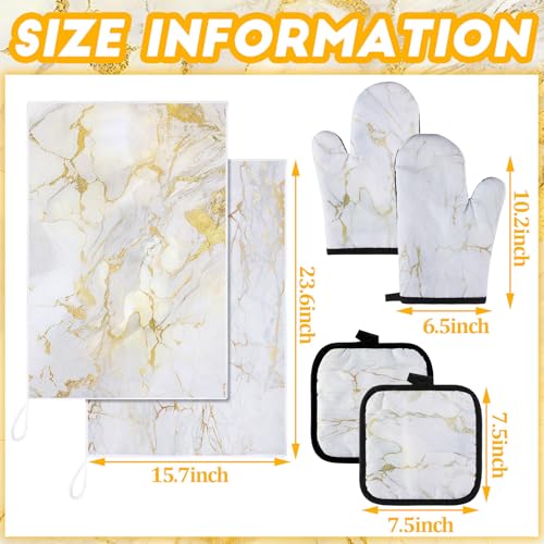 Sratte 6 Pcs Farmhouse Marble Kitchen Towels Pot Holders Oven Mitts Set 2 Dish Towels 2 Potholders 2 Cooking Mittens Oven Glove for Cooking Baking Grilling Supply (White, Gold) - color: White, Gold
