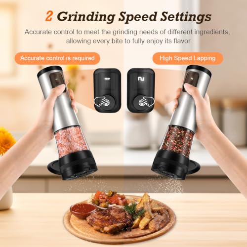 Flelano Electric Salt & Pepper Grinder Set, 2-Speed Setting, Stainless Steel Rechargeable Automatic Pepper Mill Shakers, Charging Base 100ml Capacity External Adjustable Coarseness LED Light,Black - color: Black