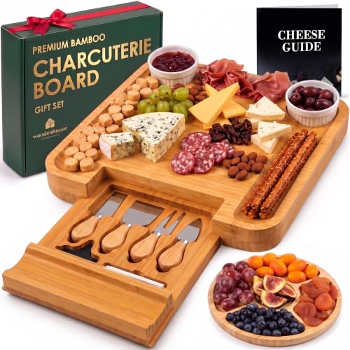Bamboo Charcuterie Boards Gift Set - Meat and Cheese Tray with Utensils | Fruit Server & 2 Sauce Bowls Included – House Warming, Wedding & New Home Present