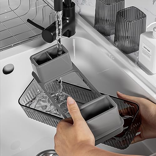 Toothbrush Holder for Bathrooms, 2 Cups Toothbrush Organizer for Bathroom Countertop, Toothbrush Holder Toothbrush Storage for Shower, Tooth Brushing Holder Cup Tray and Toothpaste Caddy Black