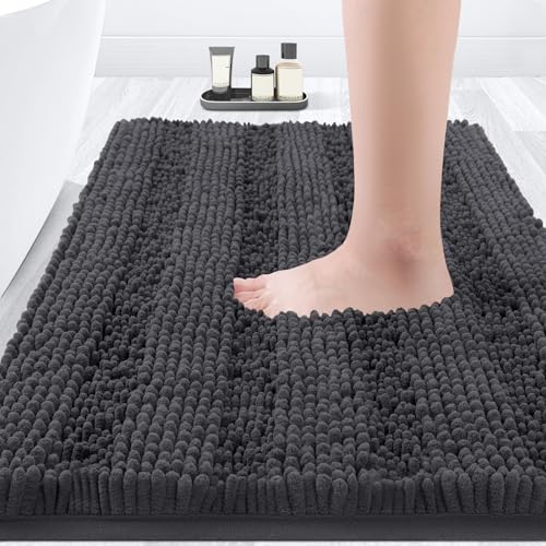 Striped Grey Bathroom Rug Mat 36"x24" Ultra Soft, Non Slip Chenille Bath Rugs, Absorbent Plush Shaggy Bath Mats for Bathroom, Bedroom, Kitchen, Shower, Tub,Dark Gray, Charcoal - color: Dark Gray, size: 2' x 3' (Rectangular)
