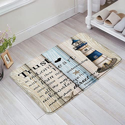 Nautical Lighthouse Bath Mat Inspirational Quotes Rustic Wooden Board Beach Ocean Navy Blue Memory Foam Bathroom Kitchen Bedroom Livingroom Soft Floor Rug, 17.8"x29.5"