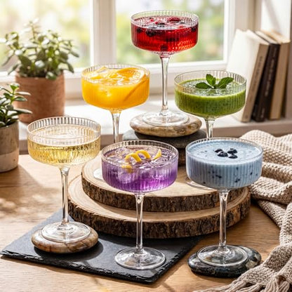 Set of 6 Champagne Coupe Glasses 8 oz Clear Ribbed Martini | Classic Design for Weddings, Elegant Martini Cups with Vertical Lines, Bar Glassware for Champagne Toasts and Parties - style: Clear