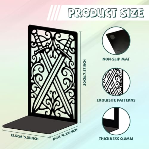 5.3"x4.3"x7.9" Metal Bookends, Heavy Duty Book Ends for Shelves | Pair of Swords and Patterns Theme Cast Iron Book Supports, 1 Pair Decor Stoppers for Desk, Library, Office & Home Shelves - style: Pair of Swords and Patterns