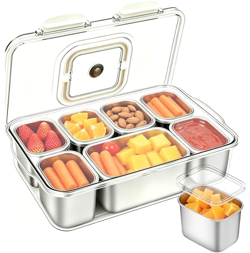 Snackle Box Container, Stainless Steel Divided Serving Tray with Lid and Handle, Large Snack Tray for Fruit Veggie Candy, 7-Compartment Snack Platter for Travel Party Beach Picnic - color: Silver, size: 7 Compartment (13.38"L x 9.25"W x 3.54"H)