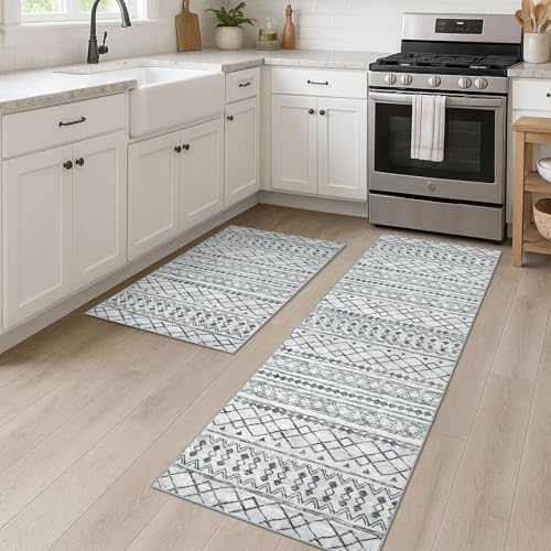 KUTA Moroccan Boho Geometric Rugs Sets of 2PCS 2x3 and 2x6 Grey | Non-Slip, Non-Shedding, Low Pile, Ultra Soft Floor Carpet Rugs for Hallway Kitchen Entryway Bedroom Laundry Foyer - color: Grey, size: 2' x 6' (Set)