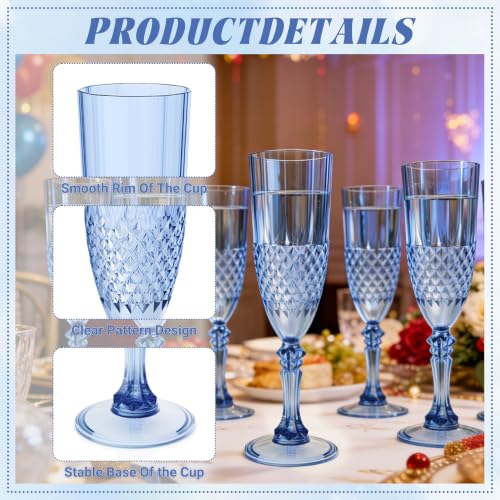 12 Pack Plastic Champagne Flutes, Blue Reusable Champagne Glass | Unbreakable Hard Plastic Mimosa Cups Bulk with Stem, Fancy Stemware for Wedding, Party & NYE Celebration - color: Blue
