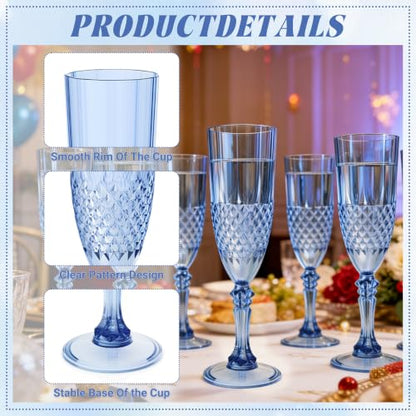 12 Pack Plastic Champagne Flutes, Blue Reusable Champagne Glass | Unbreakable Hard Plastic Mimosa Cups Bulk with Stem, Fancy Stemware for Wedding, Party & NYE Celebration - color: Blue