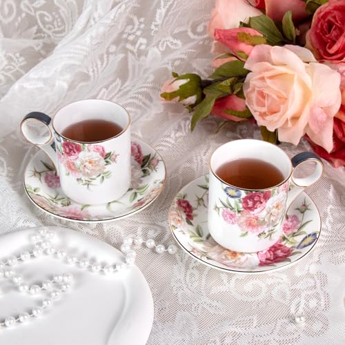 KAMMAK Tea Cups and Saucers Set of 2, Porcelain Coffee Cups, JBE014 | Stackable Espresso Mugs, Ceramic Demitasse for Coffee, Cappuccino, Latte, Americano, Tea - size: 8CZJBE014