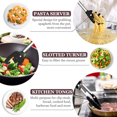 TeamFar Kitchen Utensils Set of 8, Silicone Utensils Kitchen Tools Set | with Stainless Steel Handle, for Frying Serving Flipping Draining, Non-toxic & Heatproof, Nonstick & Dishwasher Safe - Black - color: Black