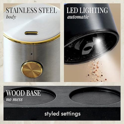 Styled Settings Rechargeable Salt and Pepper Grinder Set, Black & Silver | Electric Salt and Pepper Shaker Set with USB-C Port, LED Light, Adjustable Coarseness, One Touch Control, Automatic Mill - color: Black, Silver