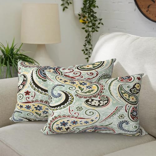 DYTXIII Pack of 2 Waterproof Outdoor Lumbar Pillow with Inserts, 12x20 in Rectangle Decorative Patio Throw Pillow for Home, Sofa,Bench and Patio Furniture, Paisley Lightcyan - color: Paisley Lightcyan, size: 12x20 Inch (With Inserts)