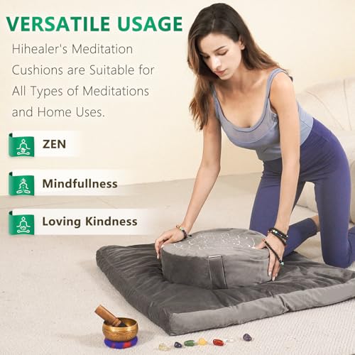 Hihealer Meditation Cushion, Traditional Tibetan Meditation Pillow Velvet Cover - Large Floor Cushion Seating for Adults - Yoga Buckwheat Bolster for Women、Moms - color: Calmly Grey & White