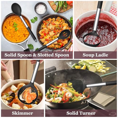 TeamFar Kitchen Utensils Set of 8, Silicone Utensils Kitchen Tools Set | with Stainless Steel Handle, for Frying Serving Flipping Draining, Non-toxic & Heatproof, Nonstick & Dishwasher Safe - Black - color: Black