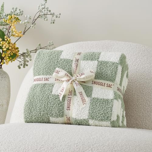 Snuggle Sac Checkered Bedding Blanket Twin Size 60x80, Super Soft Cozy Warm Knit Blankets, Reversible Breathable Lightweight Fluffy Throws for Sofa, Bed, Checkered Sage Green, 60x80 Inches - color: Checkered Sage Green, size: Twin(60"x 80")