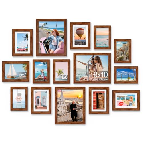 decorUhome 15 Pack Assorted Picture Frame Set for Wall & Tabletop, PF15RBN | Walnut Brown, Includes Three 8x10 / Six 5x7 / Six 4x6 Multi Size, MDF Frame with Plexiglass Cover - color: Walnut Brown