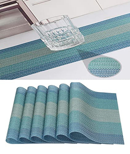Placemats, Woven Vinyl Crossweave Kitchen Tablemat，Washable PVC Table Mats Sets for Dining Table, Parties, Farmhouse, Thanksgiving, Christmas & Gathering (6 Placemats + 1 Table Runner, Coastal Blue)