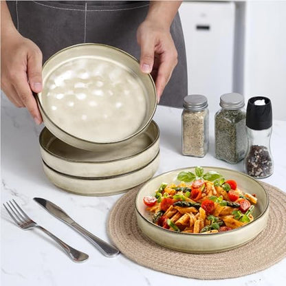 LIANYU Stoneware Pasta Bowls, 8.25’’ Large Bowl Sets of 4 | Round Shallow Dinner Plates for Meal, Ceramic Salad Serving Plate for Cereal, Soup, Dishwasher & Microwave Safe, Sandy Beige - color: Sandy Beige