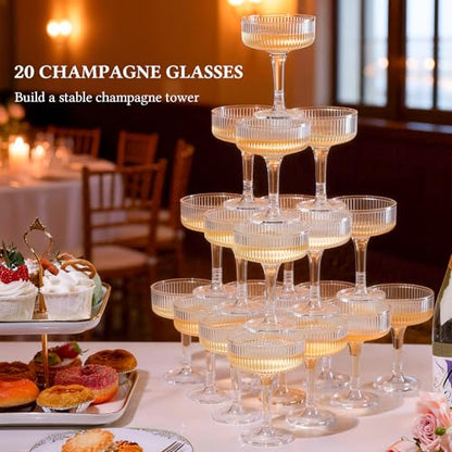 Goodluck 4-Tier Champagne Tower - 20PCS 7oz Clear Plastic Champagne Flutes | Plastic Coupe Glasses with Vertical Stripes for Weddings, Celebrations, Parties & Birthdays - color: Clear
