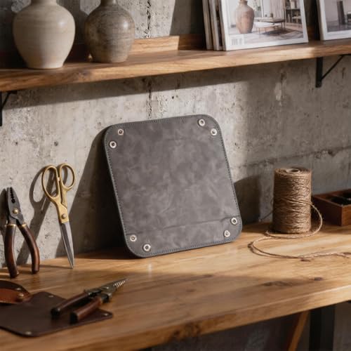 Valet Tray Desktop Storage Organizer – Vegan Leather Catchall Bedside Vanity Tray Nightstand Caddy Holder for Remote Controller, Watch, Keys, Phone, Wallet, Coin, Jewelry, Stone Gray Brown - color: Stone Gray Brown