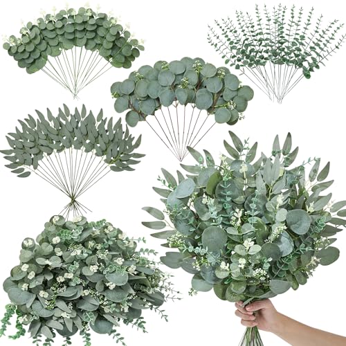 Serwalin 70PCS Mixed Eucalyptus Stems, Greenery Stems for Centerpieces | 4Kinds Faux Eucalyptus Stems Bulk,Greenery Stems Leaves for Vase, Bouquets, DIY Floral Arrangements & Wedding Decor - color: Attractive Forest Green-70pcs