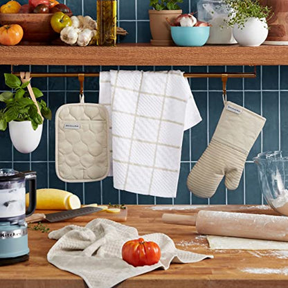 KITCHENAID Quilted Cotton Terry Cloth Oven Mitt, Pot Holder, Kitchen Towel 4-Pack Set, Heat Resistant, Silicone Grip, 16"x26", 7"x13" & 7"x10", Milkshake Tan - color: Milkshake Tan