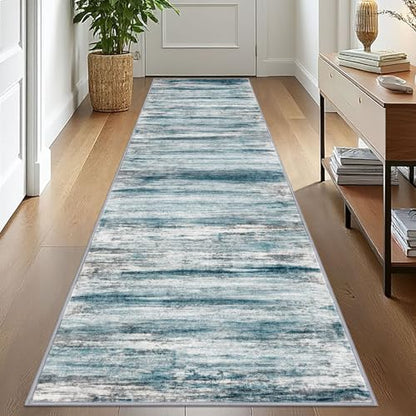 KOZYFLY Modern Abstract Hallway Runner Rug, 2.6x10 Washable Rug Runner Non-Slip Soft Striped Kitchen Runner Rugs, Print Blue Carpet Runner for Entryway Bathroom Laundry Room Foyer - color: Blue, size: 2'8" x 10' (Runner)