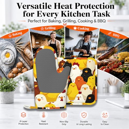 Funny Cartoon Chicken Oven Mitts and Pot Holders Sets Silicone Kitchen Mitts Potholders Heat Resistant Oven Gloves Hot Pads for Kitchen Baking Cooking - color: Funny Cartoon Chicken