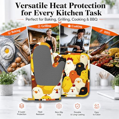 Funny Cartoon Chicken Oven Mitts and Pot Holders Sets Silicone Kitchen Mitts Potholders Heat Resistant Oven Gloves Hot Pads for Kitchen Baking Cooking - color: Funny Cartoon Chicken
