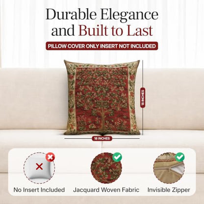William Morris Tree of Life Red I Tapestry Throw Pillow Cover 18 x 18 in - color: Brown,cream,green,red,beige