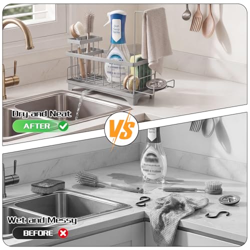VOOWO Sponge Holder for Kitchen Sink, Compact Sink Caddy with Brush Holder | 304 Rustproof Stainless Steel Dish Soap Holder, Small Kitchen Sink Organizer, Self-Draining Dish Wand Holder with Towel Rack - color: Gray