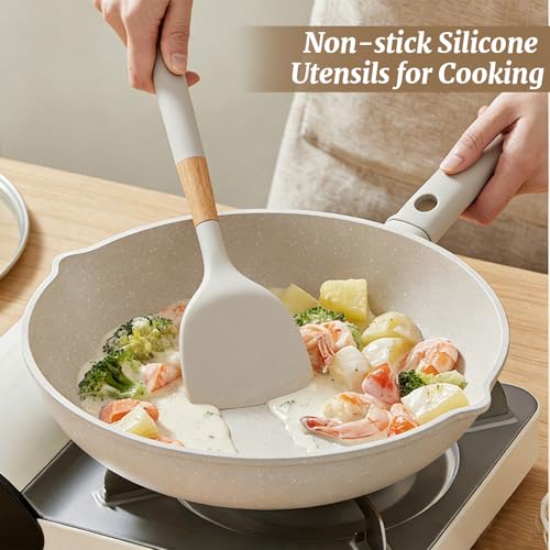 Chef Kitchen Cooking Utensils Set, Heat Resistant Silicone Kitchen Utensils Sets with Storage Rack, 7PCS Gadgets Tools Set with Wooden Handle for Nonstick Cookware,Tongs, Turner, Skimmer (White) - color: White