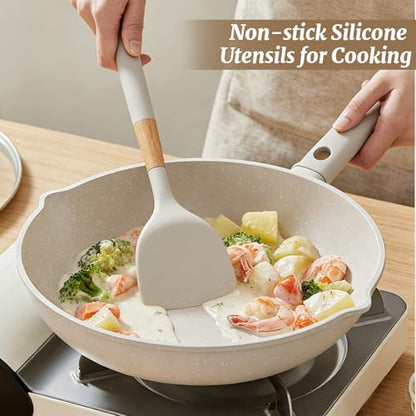 Chef Kitchen Cooking Utensils Set, Heat Resistant Silicone Kitchen Utensils Sets with Storage Rack, 7PCS Gadgets Tools Set with Wooden Handle for Nonstick Cookware,Tongs, Turner, Skimmer (White) - color: White