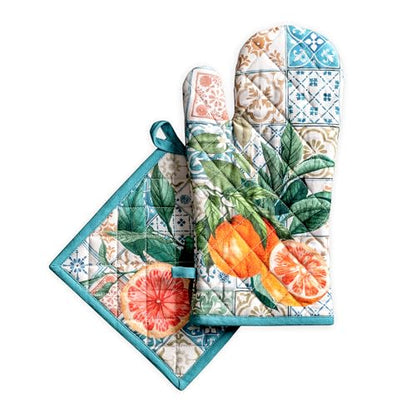 Maison d' Hermine 100% Cotton Oven Mitt & Pot Holder Set (7.5"x13" & 8"x8") | Heat Resistant BBQ Cooking Gloves with Loop Baking Grilling Kitchen Hotel Home Farmhouse Spring Summer - Agrume - color: 010 - Agrume, size: 7.5" x 13" & 8" x 8" (Oven Mitt & Po