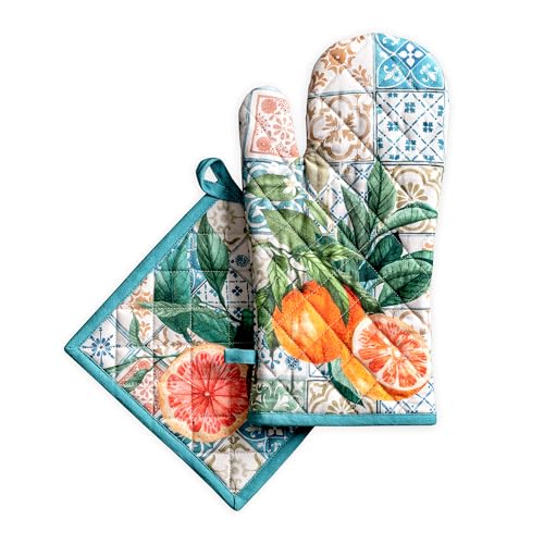 Maison d' Hermine 100% Cotton Oven Mitt & Pot Holder Set (7.5"x13" & 8"x8") | Heat Resistant BBQ Cooking Gloves with Loop Baking Grilling Kitchen Hotel Home Farmhouse Spring Summer - Agrume - color: 010 - Agrume, size: 7.5" x 13" & 8" x 8" (Oven Mitt & Po