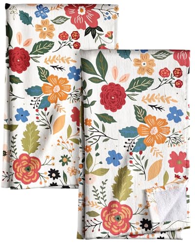 Cotton Kitchen Towels Set of 2, 16x26 Inch, Beige Flower | Soft & Absorbent, Hanging Loop, Quick Dry Hand Towel, Cute Dish Towel, Decorative Terry Cloth Tea Towel, Housewarming Gift - color: Beige Flower